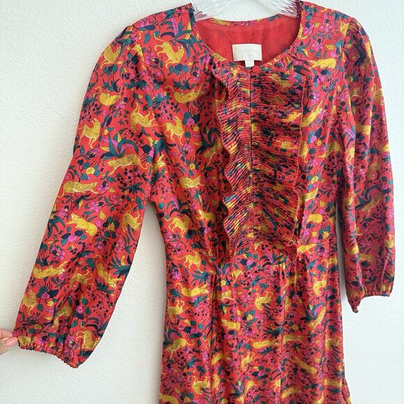 J. Crew Collection Dress Size 2 Silk Tiered Ruffle In Jungle Cat Print Midi Boho - Picture 4 of 16